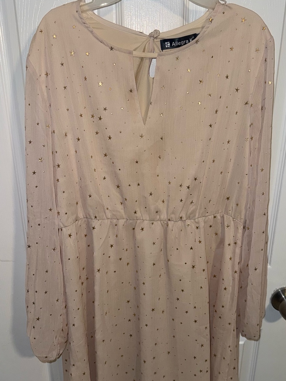 Allegra K Beige Long Sleeve Dress with Gold Star Print Size L